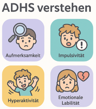 Illustration zu ADHS: freundliches Gehirn und Infografik für Eltern