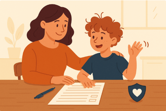 Elternteil unterstützt ein Kind mit ADHS beim Ausfüllen von Unterlagen zum Pflegegrad